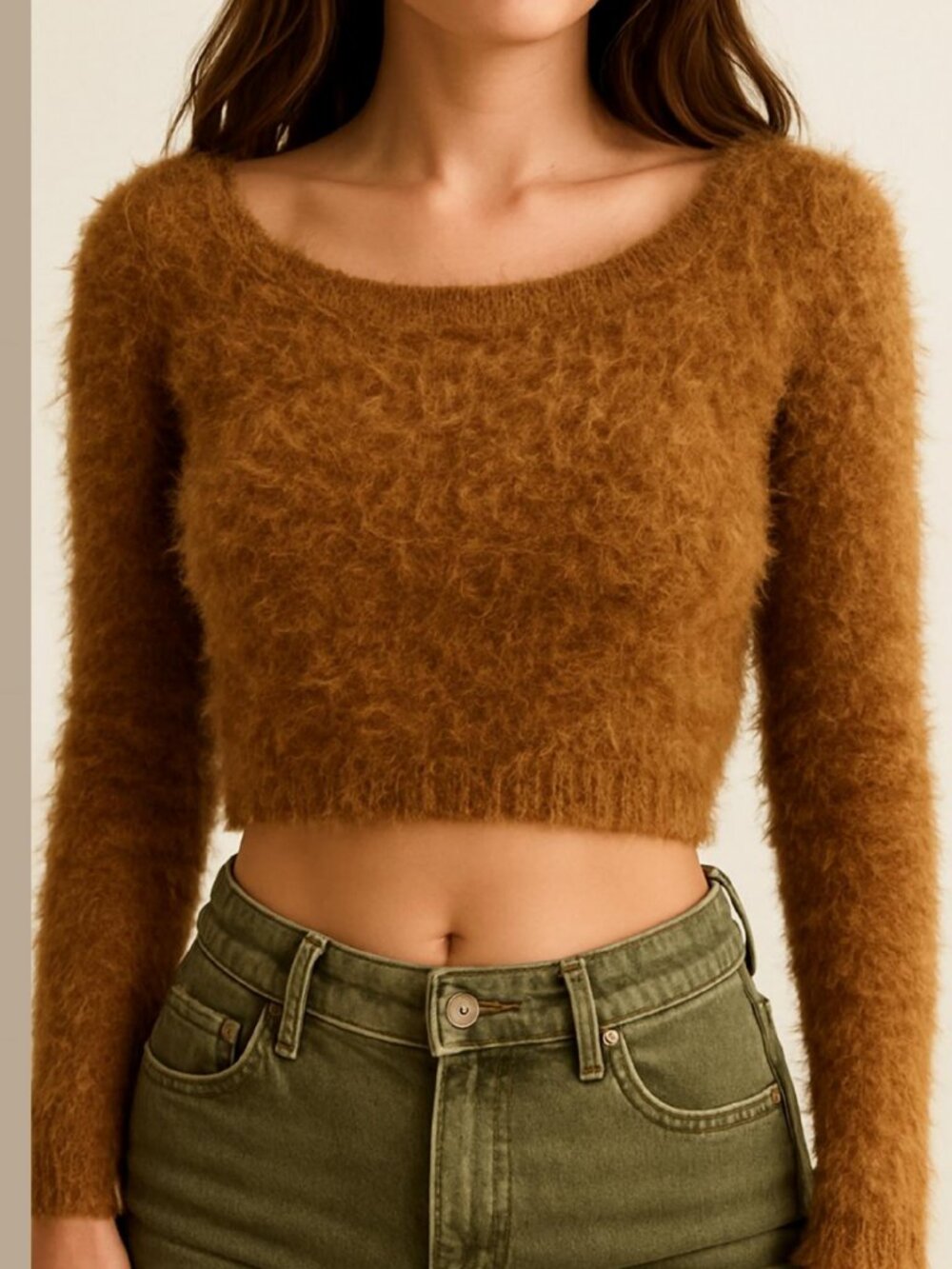 American Apparel Cali Sun & Fun Fuzzy Crop Sweater Caramel XS Stretchy Knit Top